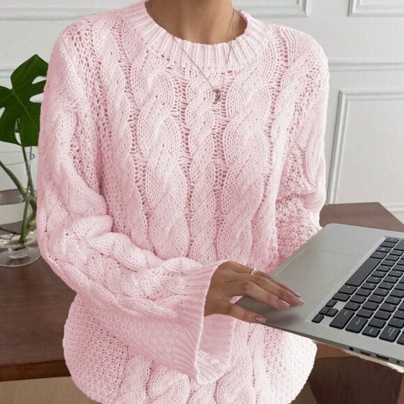 Pink Casual Women's Hemp Pattern Round Collar Wide Sleeve Long Sleeve Sweater - Picture 8 of 9